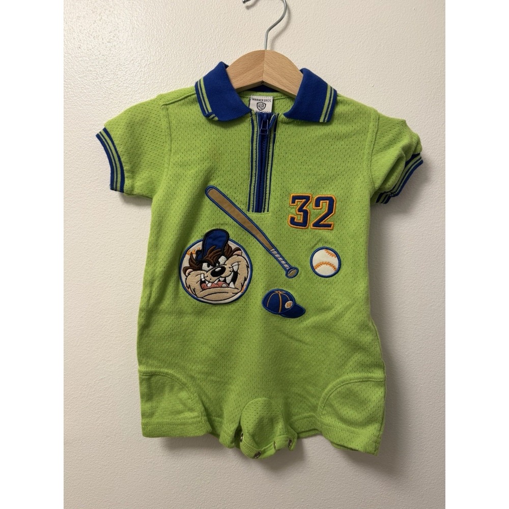 Vintage Warner Bros Taz Looney Tunes Baseball Green Romper Toddler Baby 6M 90s